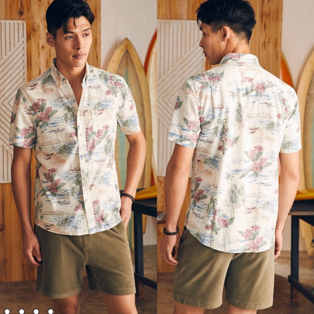 Faherty Short-Sleeve Breeze Shirt in Molokai Scenic Tropical Linen Blend, Large
